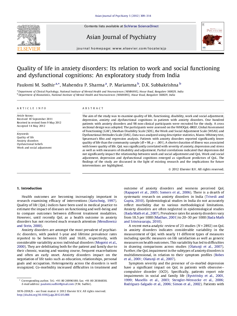 Quality of life in anxiety disorders: Its relation to work and social functioning and dysfunctional cognitions: An exploratory study from India