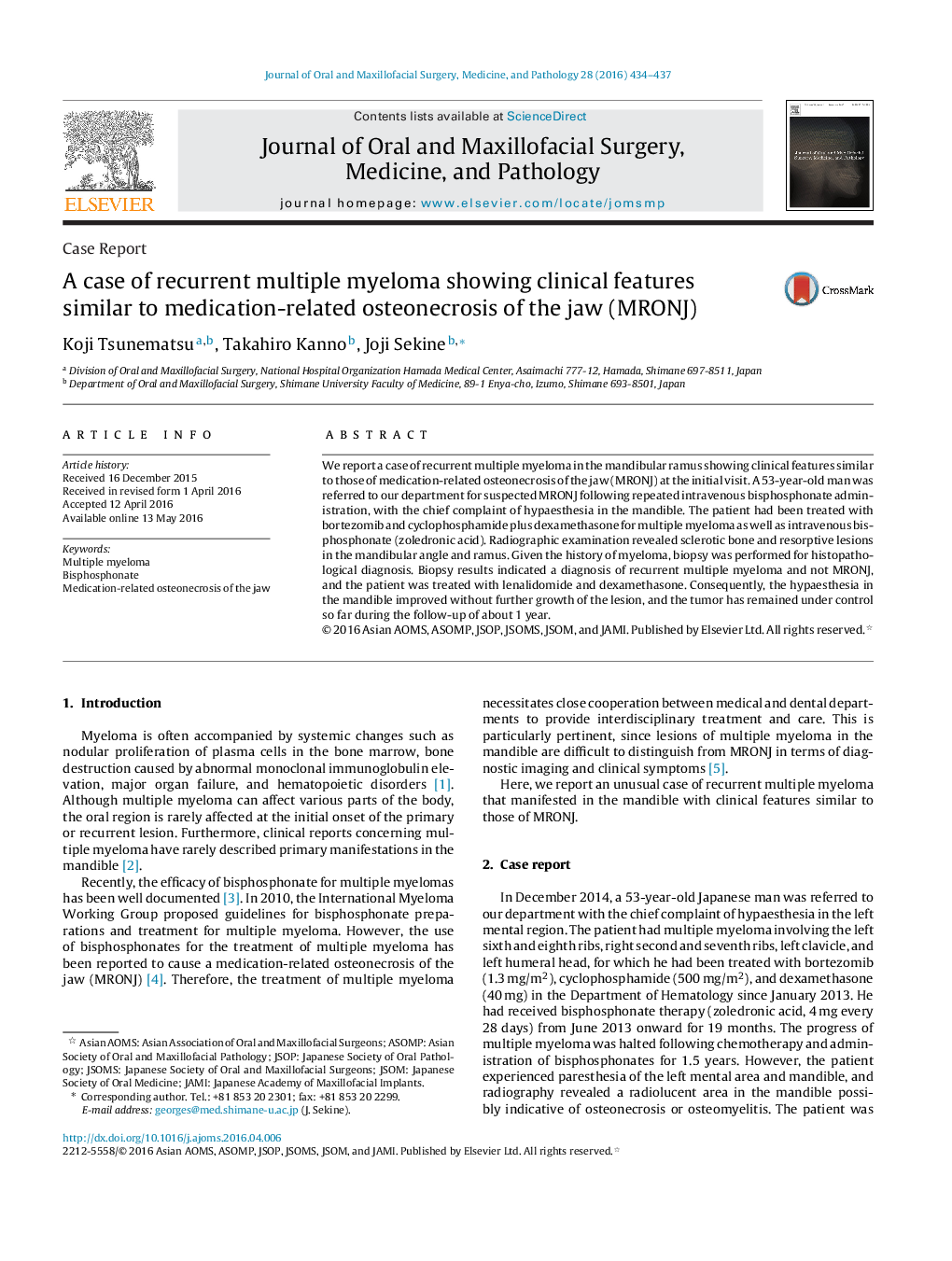 A case of recurrent multiple myeloma showing clinical features similar to medication-related osteonecrosis of the jaw (MRONJ) 