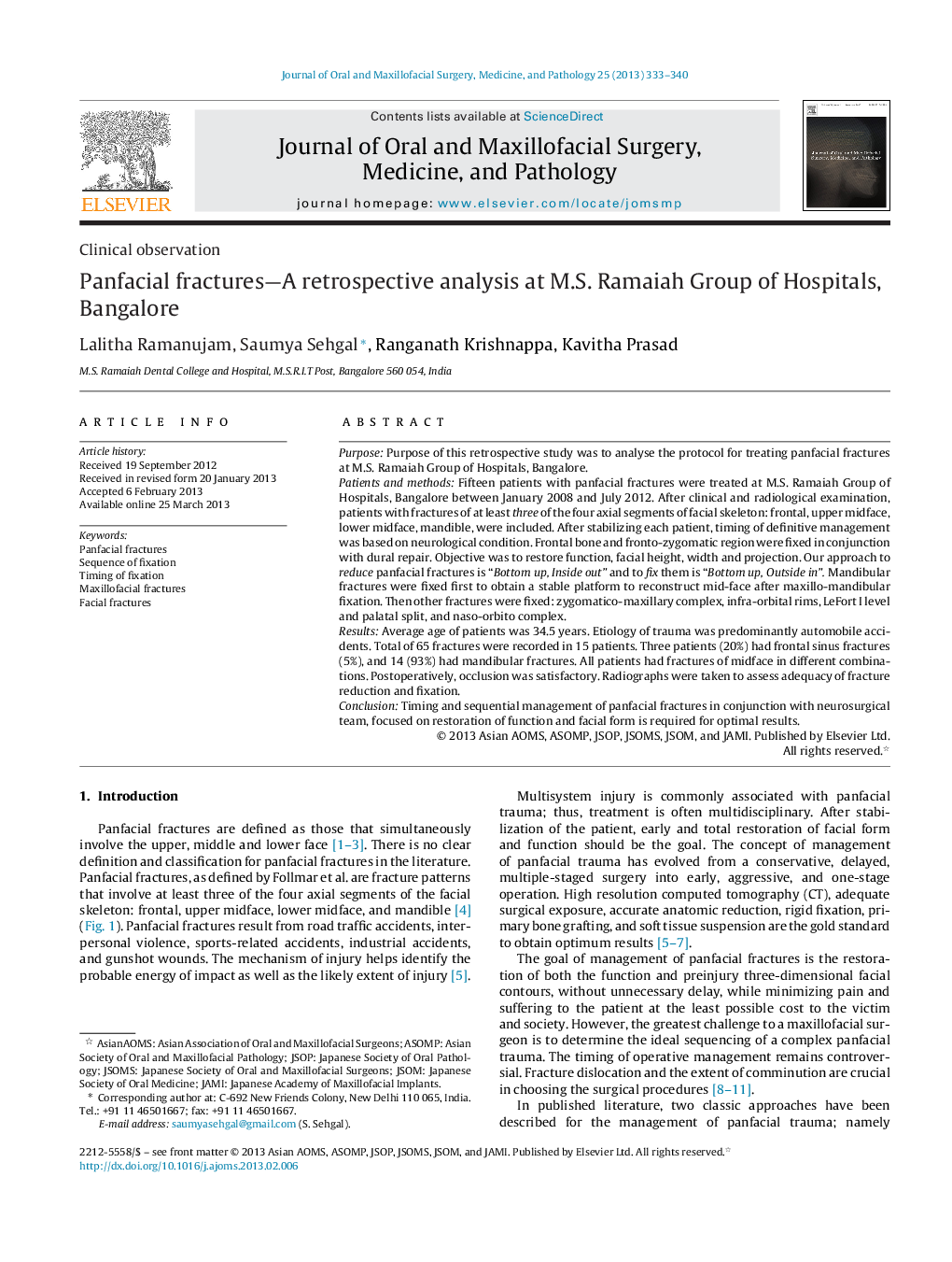 Panfacial fractures—A retrospective analysis at M.S. Ramaiah Group of Hospitals, Bangalore 