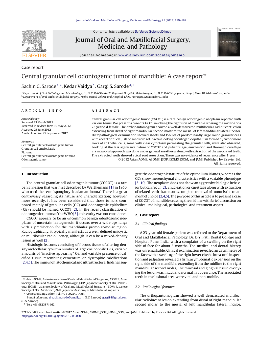 Central granular cell odontogenic tumor of mandible: A case report 