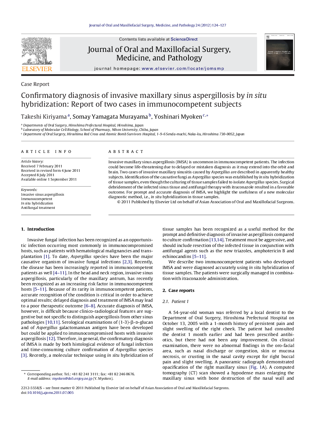 Confirmatory diagnosis of invasive maxillary sinus aspergillosis by in situ hybridization: Report of two cases in immunocompetent subjects