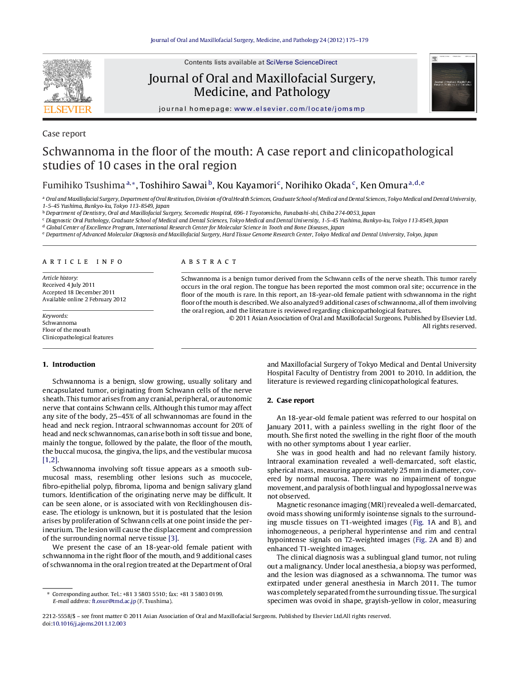 Schwannoma in the floor of the mouth: A case report and clinicopathological studies of 10 cases in the oral region