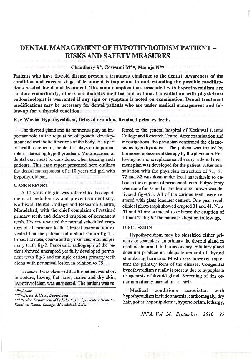 Dental management of hypothyroidism patient – risks and safety measures
