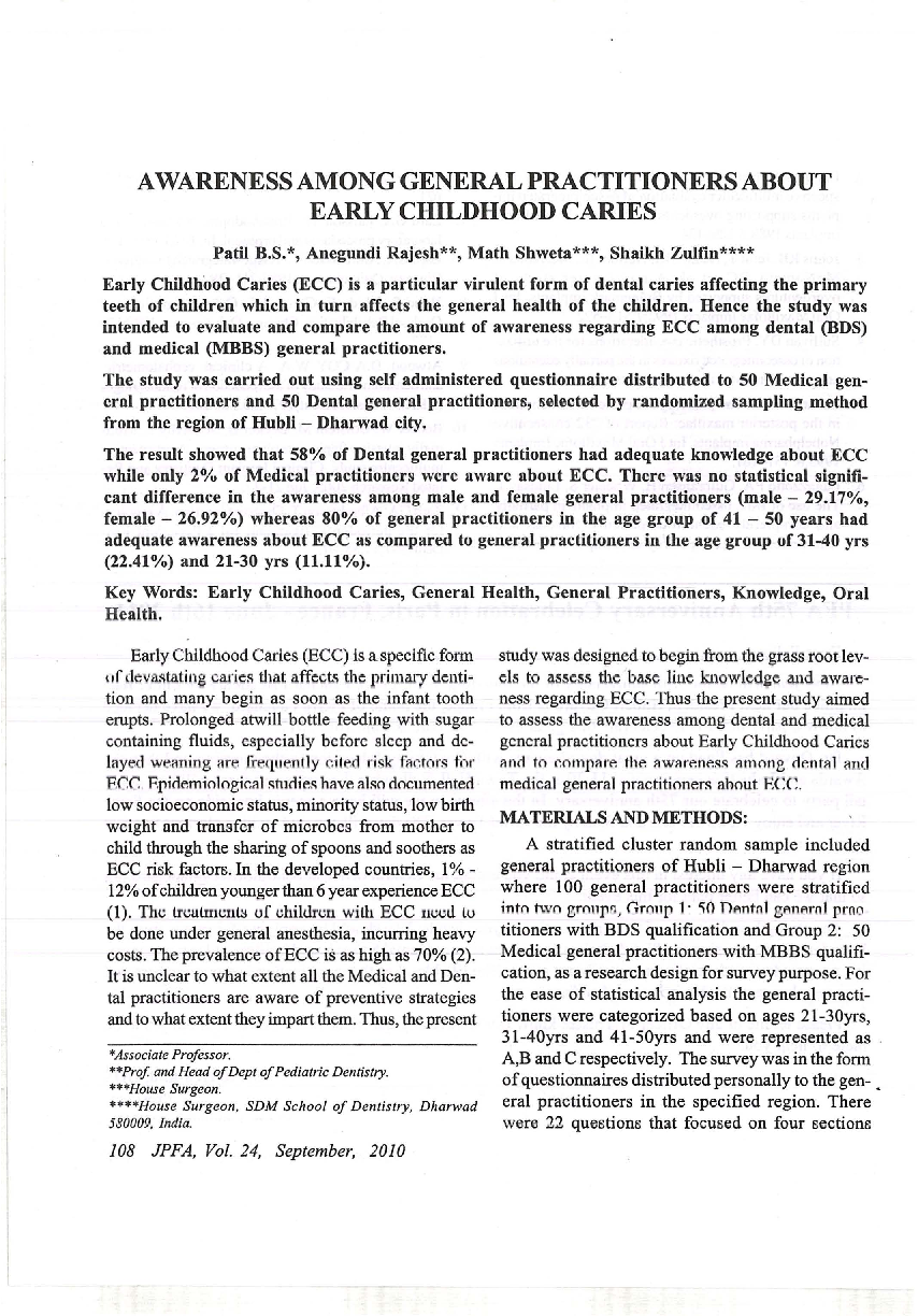 Awareness among general practitioners about early childhood caries