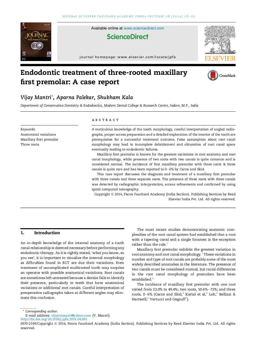 Endodontic treatment of three-rooted maxillary first premolar: A case report