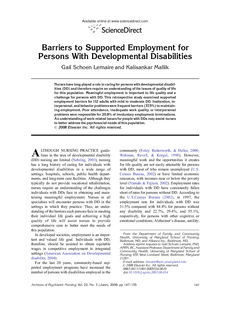 Barriers to Supported Employment for Persons With Developmental Disabilities