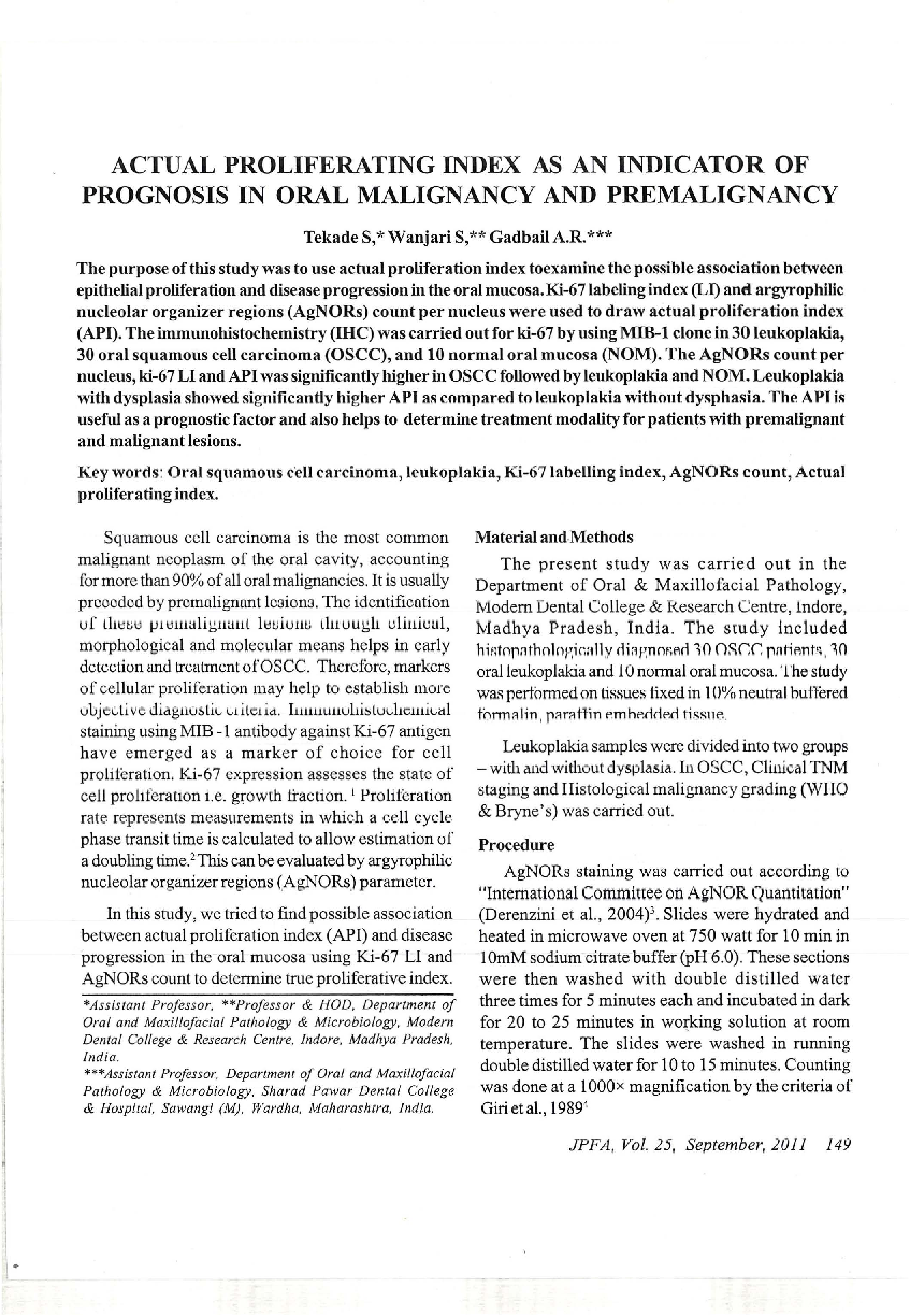 Actual proliferating index as an indicator of prognosis in oral malignancy and premalignancy