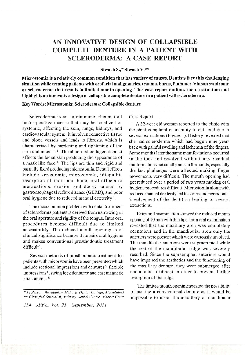 An innovative design of collapsible complete denture in a patient with scleroderma: A case report