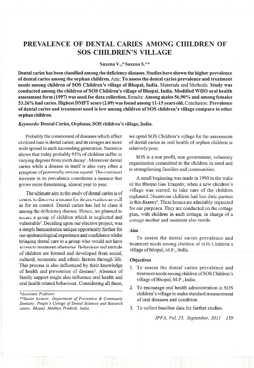 Prevalence of dental caries among children of SOS children's village