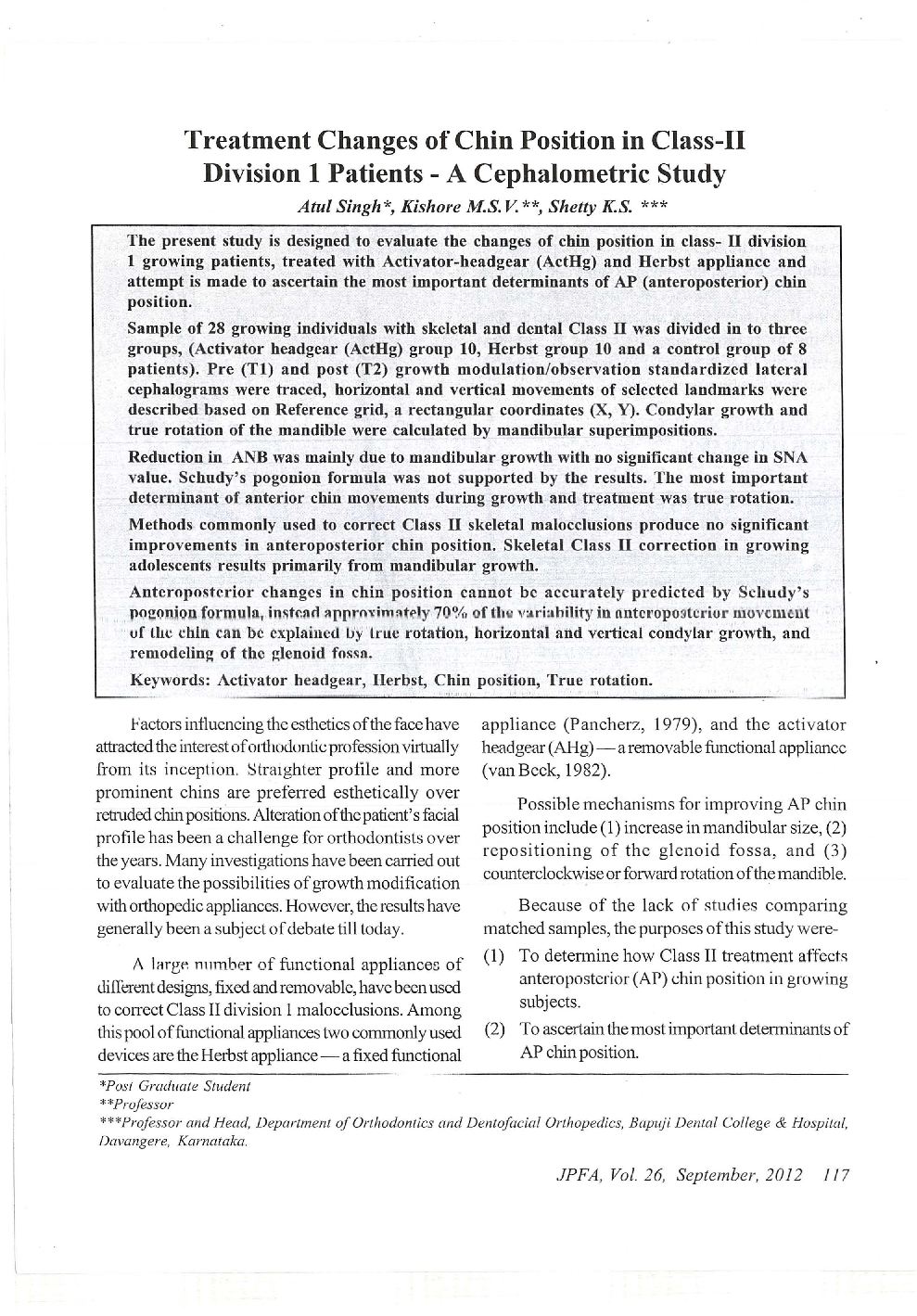 Treatment Changes of Chin Position in Class-II Division 1 Patients - A Cephalometric Study