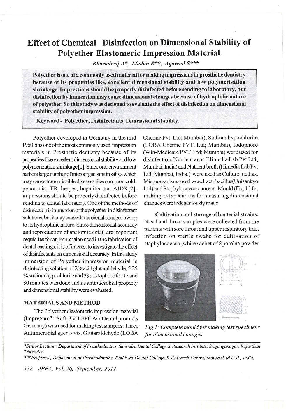 Effect of Chemical Disinfection on Dimensional Stability of Polyether Elastomeric Impression Material