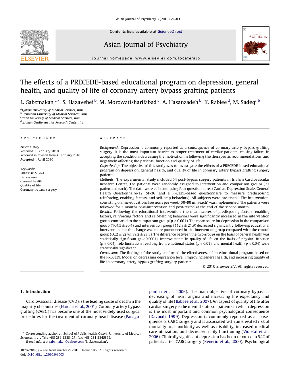 The effects of a PRECEDE-based educational program on depression, general health, and quality of life of coronary artery bypass grafting patients