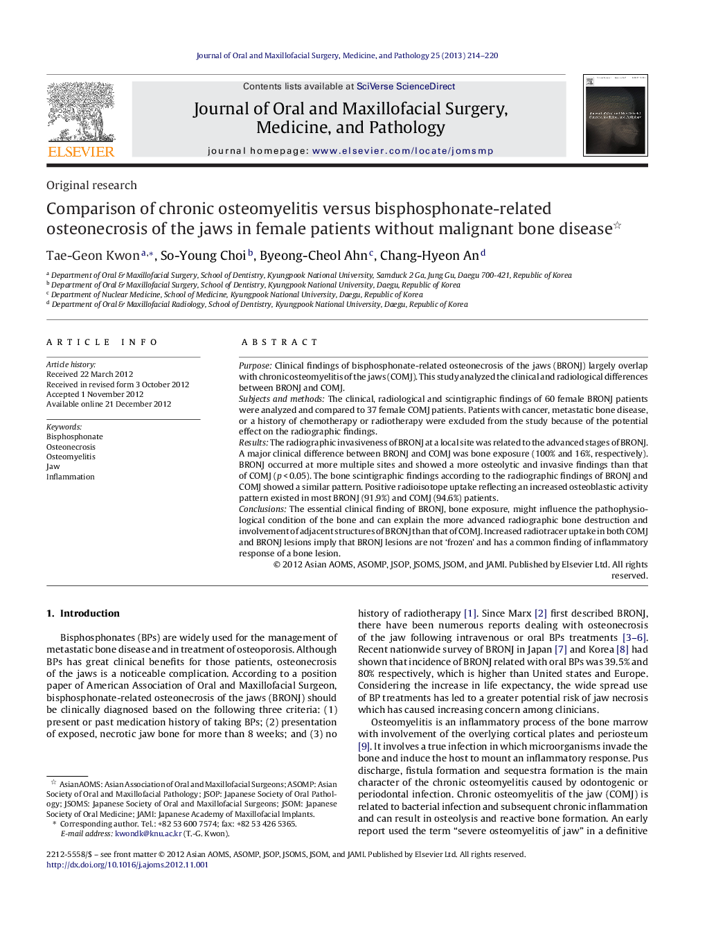 Comparison of chronic osteomyelitis versus bisphosphonate-related osteonecrosis of the jaws in female patients without malignant bone disease 