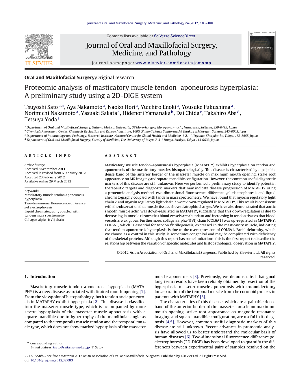 Proteomic analysis of masticatory muscle tendon–aponeurosis hyperplasia: A preliminary study using a 2D-DIGE system