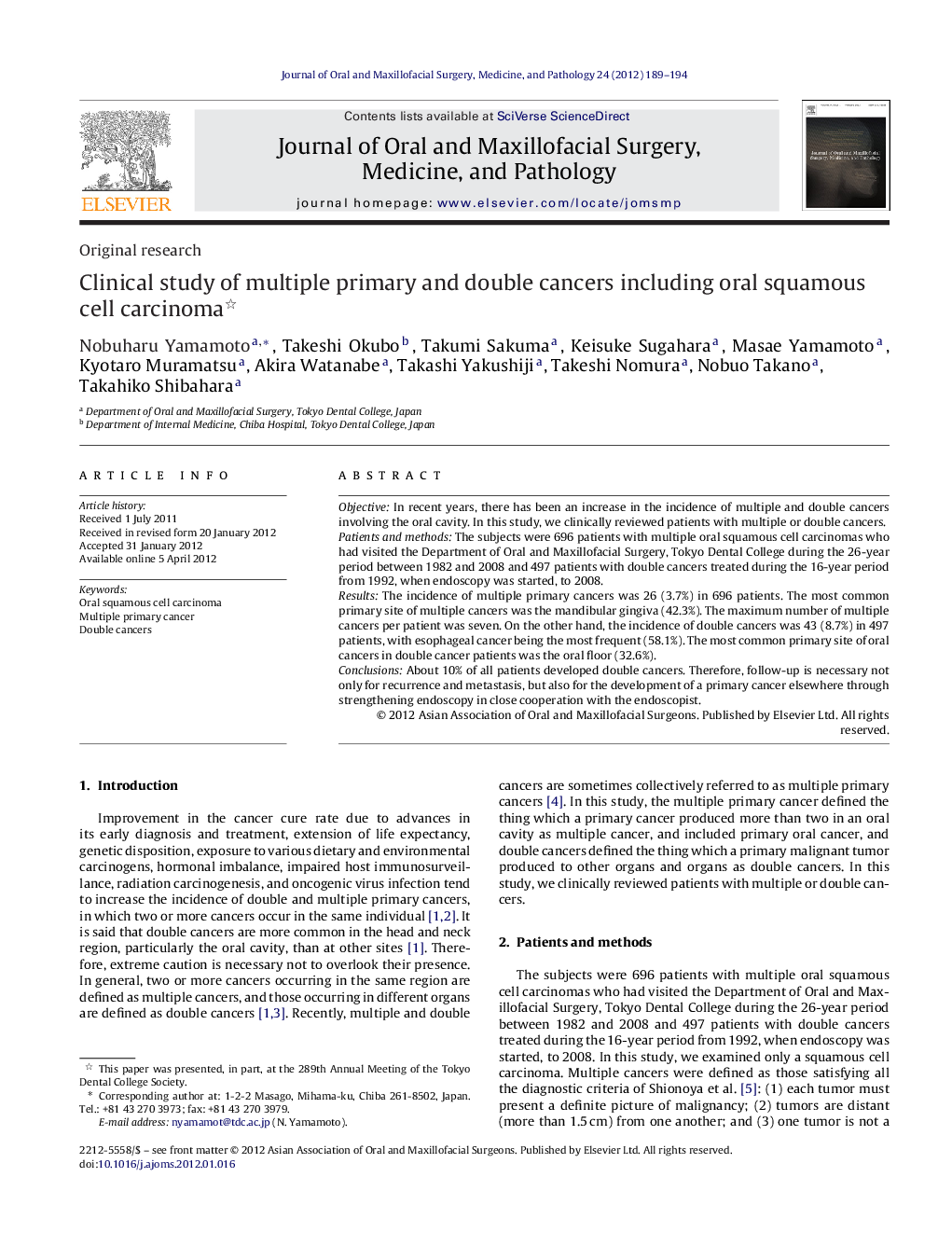 Clinical study of multiple primary and double cancers including oral squamous cell carcinoma 