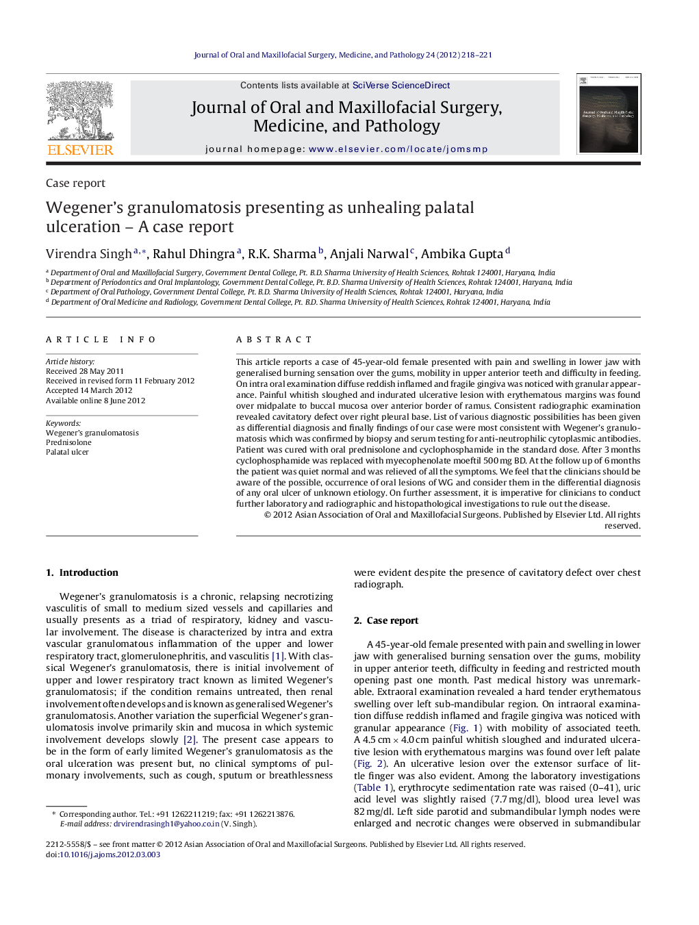 Wegener's granulomatosis presenting as unhealing palatal ulceration - A case report