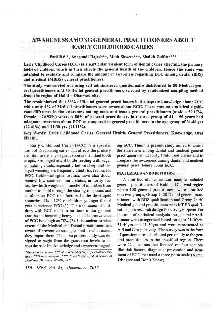 Awareness among general practitioners about early childhood caries