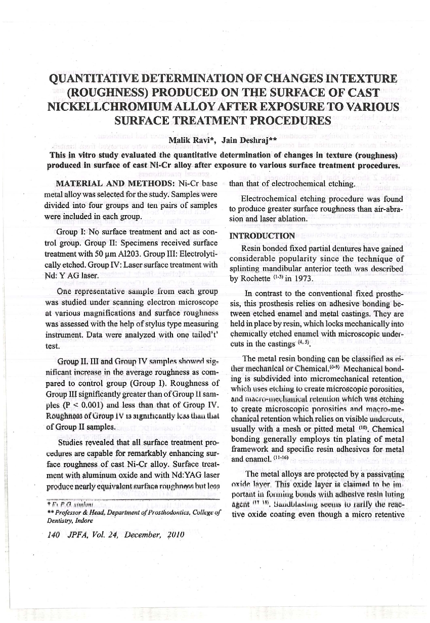 عکس صفحه اول مقاله: Quantitative determination of changes in texture (roughness) produced on the surface of cast nickellchromium alloy after exposure to various surface treatment procedures Quantitative determination of changes in texture (roughness) produced on the surface of cast nickellchromium alloy after exposure to various surface treatment procedures