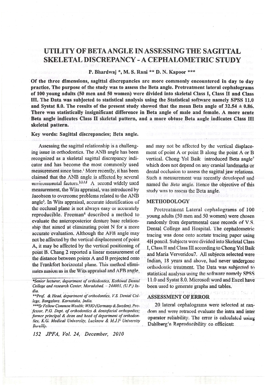 Utility of beta angle in assessing the sagittal skeletal discrepancy - a cephalometric study