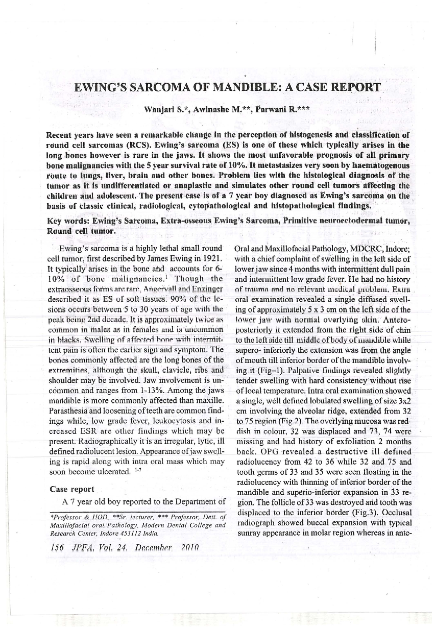 Ewing's sarcoma of mandible: A case report