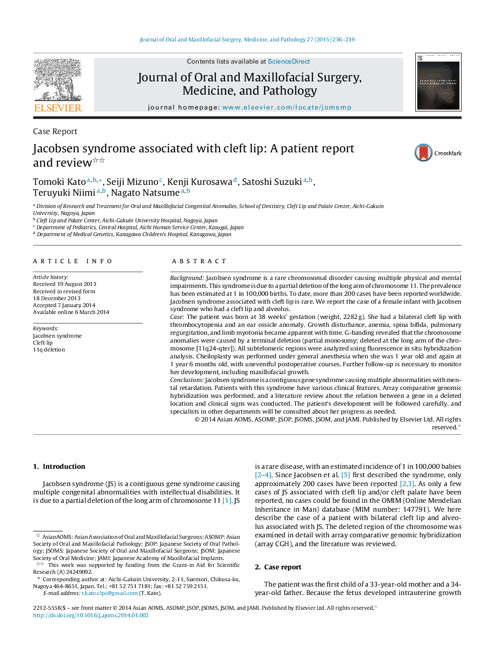 Jacobsen syndrome associated with cleft lip: A patient report and review