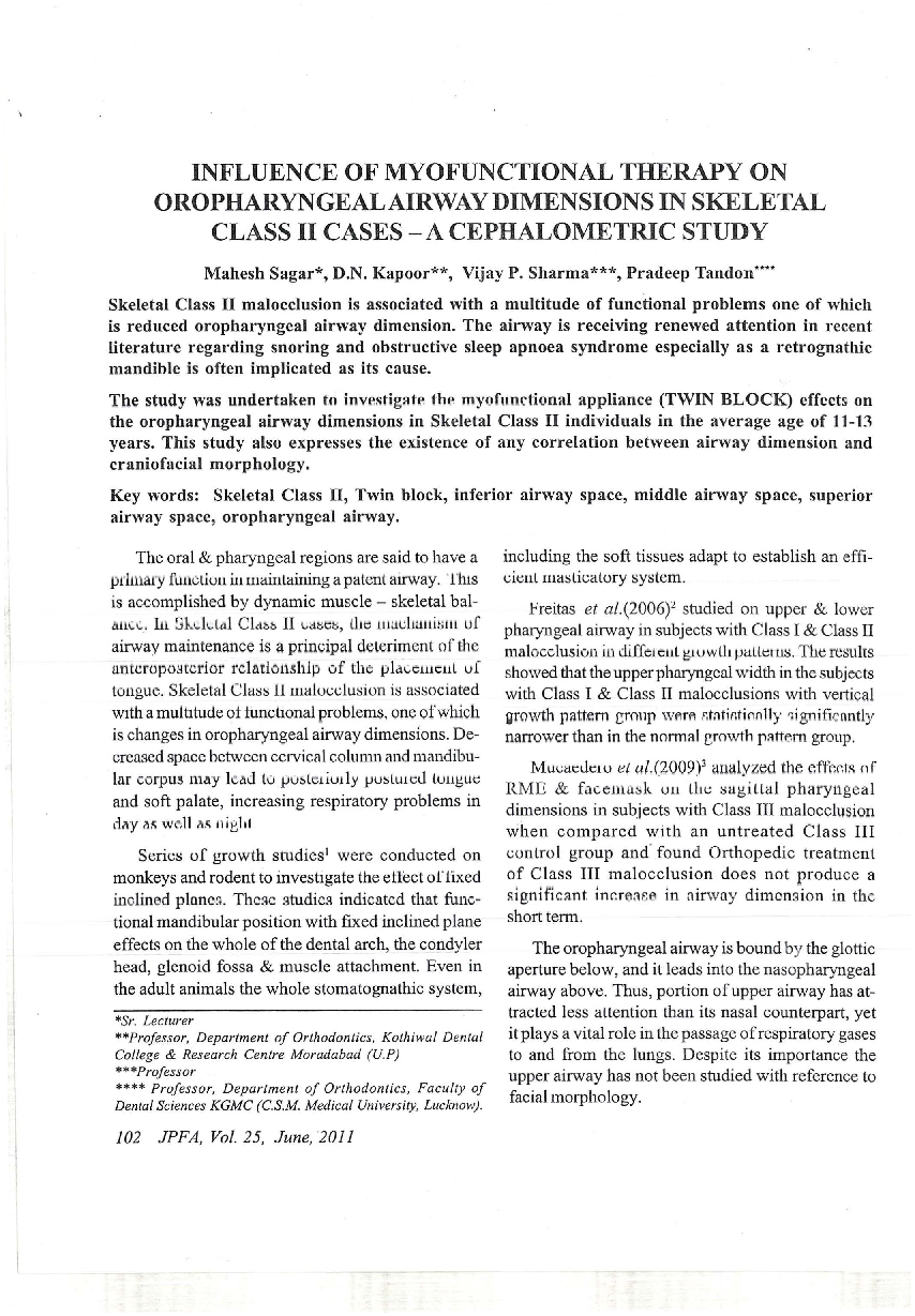 Influence of myofunctional therapy on oropharyngeal airway dimensions in skeletal class II cases - a cephalometric study