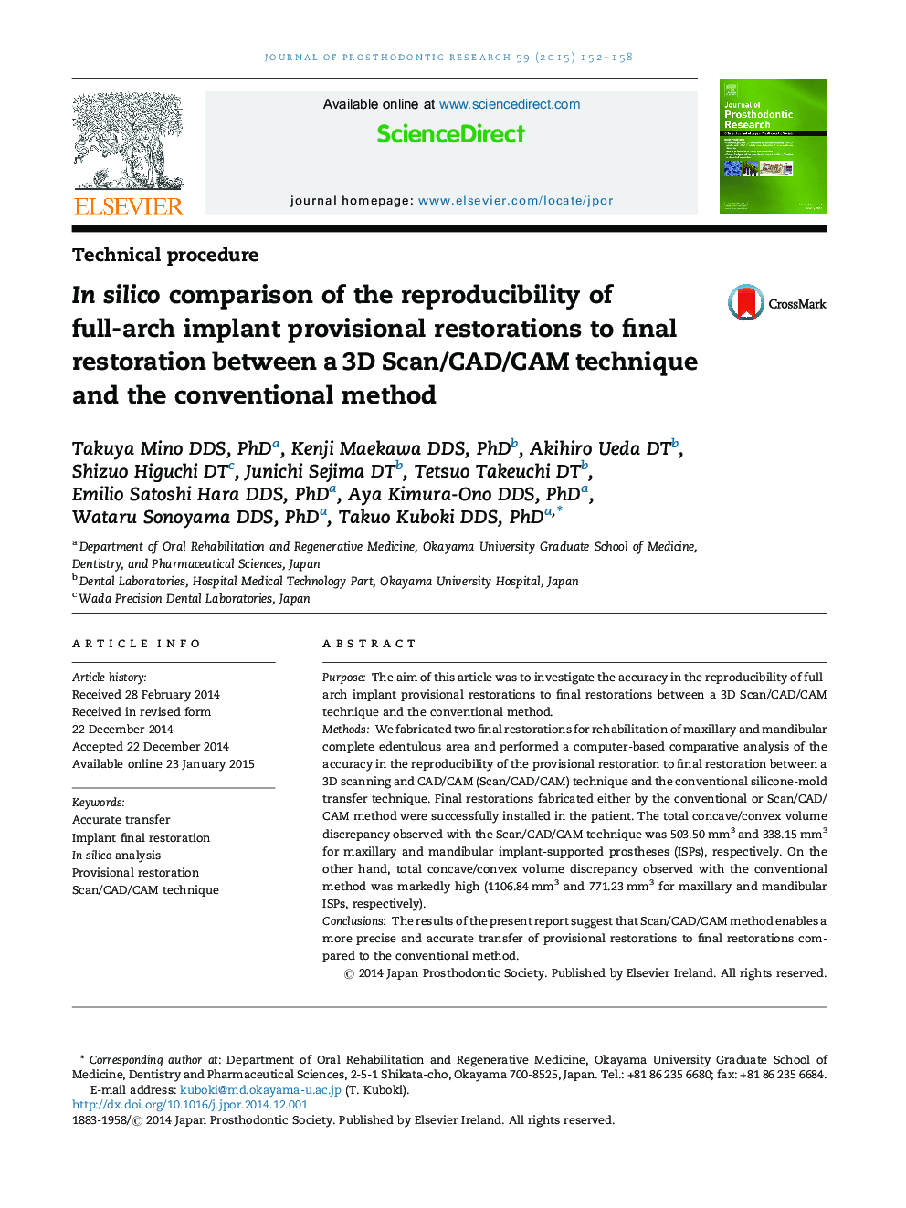 In silico comparison of the reproducibility of full-arch implant provisional restorations to final restoration between a 3D Scan/CAD/CAM technique and the conventional method