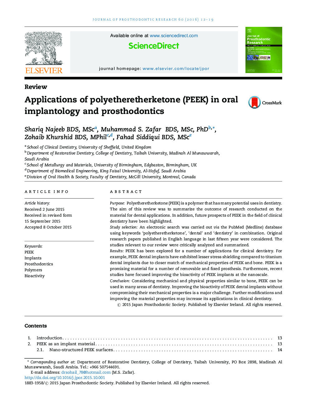 Applications of polyetheretherketone (PEEK) in oral implantology and prosthodontics