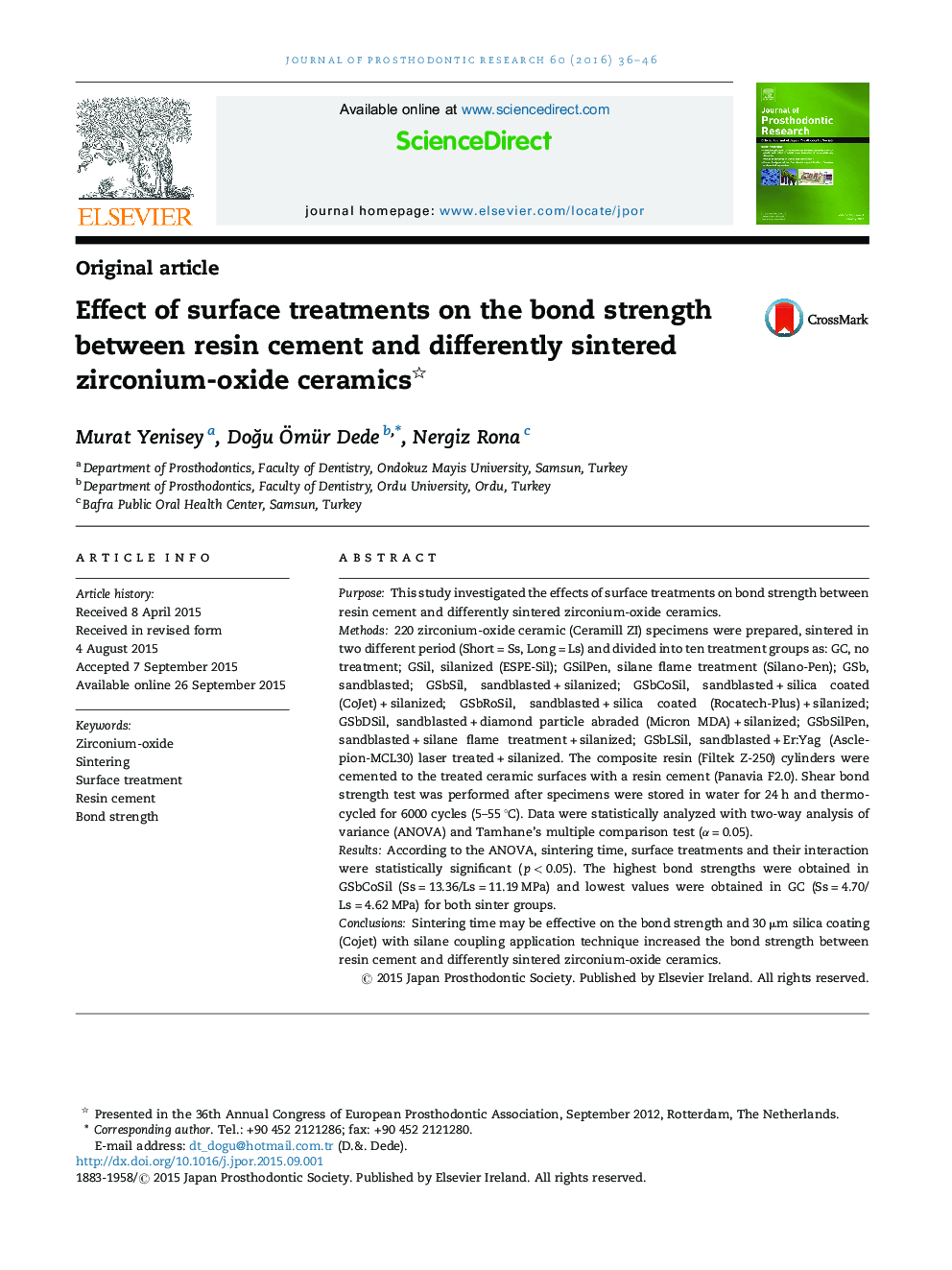 Effect of surface treatments on the bond strength between resin cement and differently sintered zirconium-oxide ceramics 