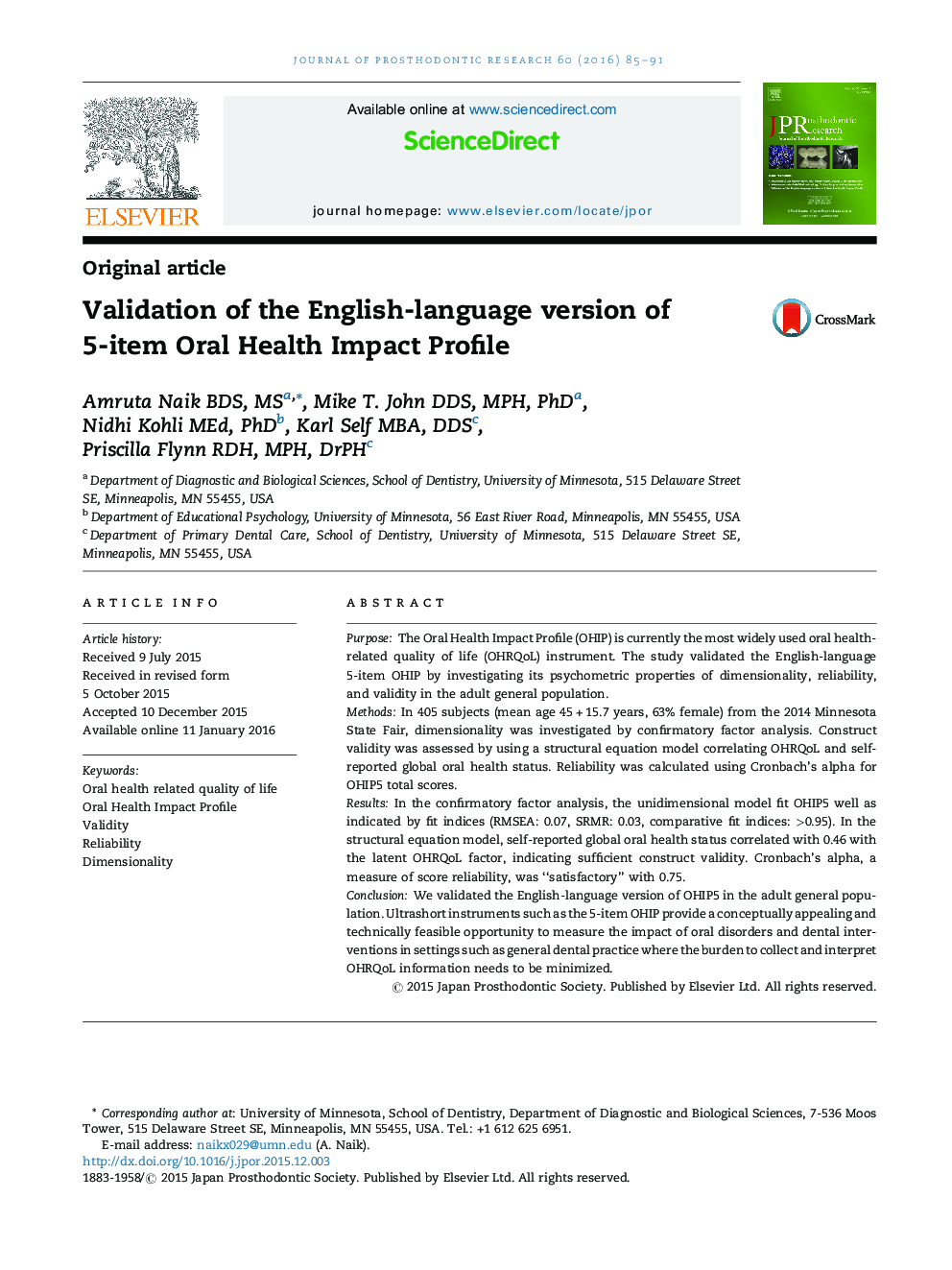 Validation of the English-language version of 5-item Oral Health Impact Profile