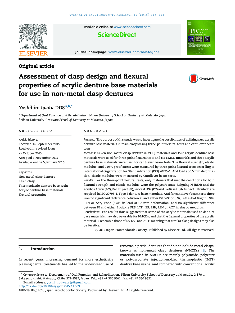 Assessment of clasp design and flexural properties of acrylic denture base materials for use in non-metal clasp dentures