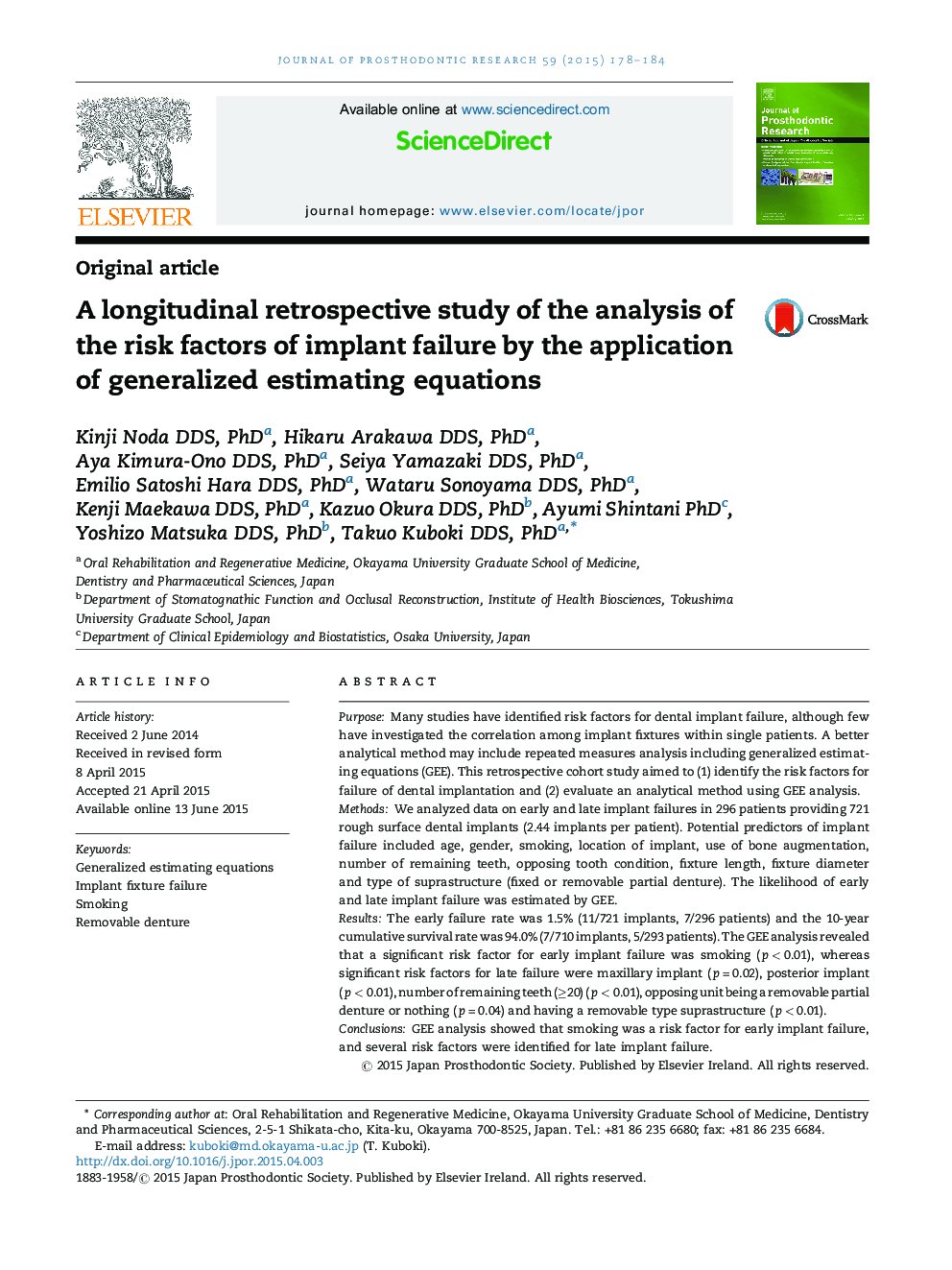 A longitudinal retrospective study of the analysis of the risk factors of implant failure by the application of generalized estimating equations