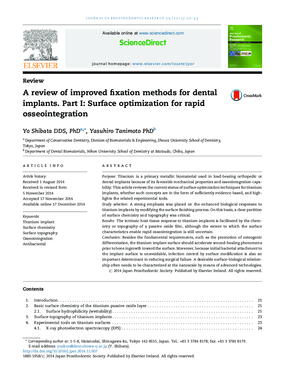 A review of improved fixation methods for dental implants. Part I: Surface optimization for rapid osseointegration