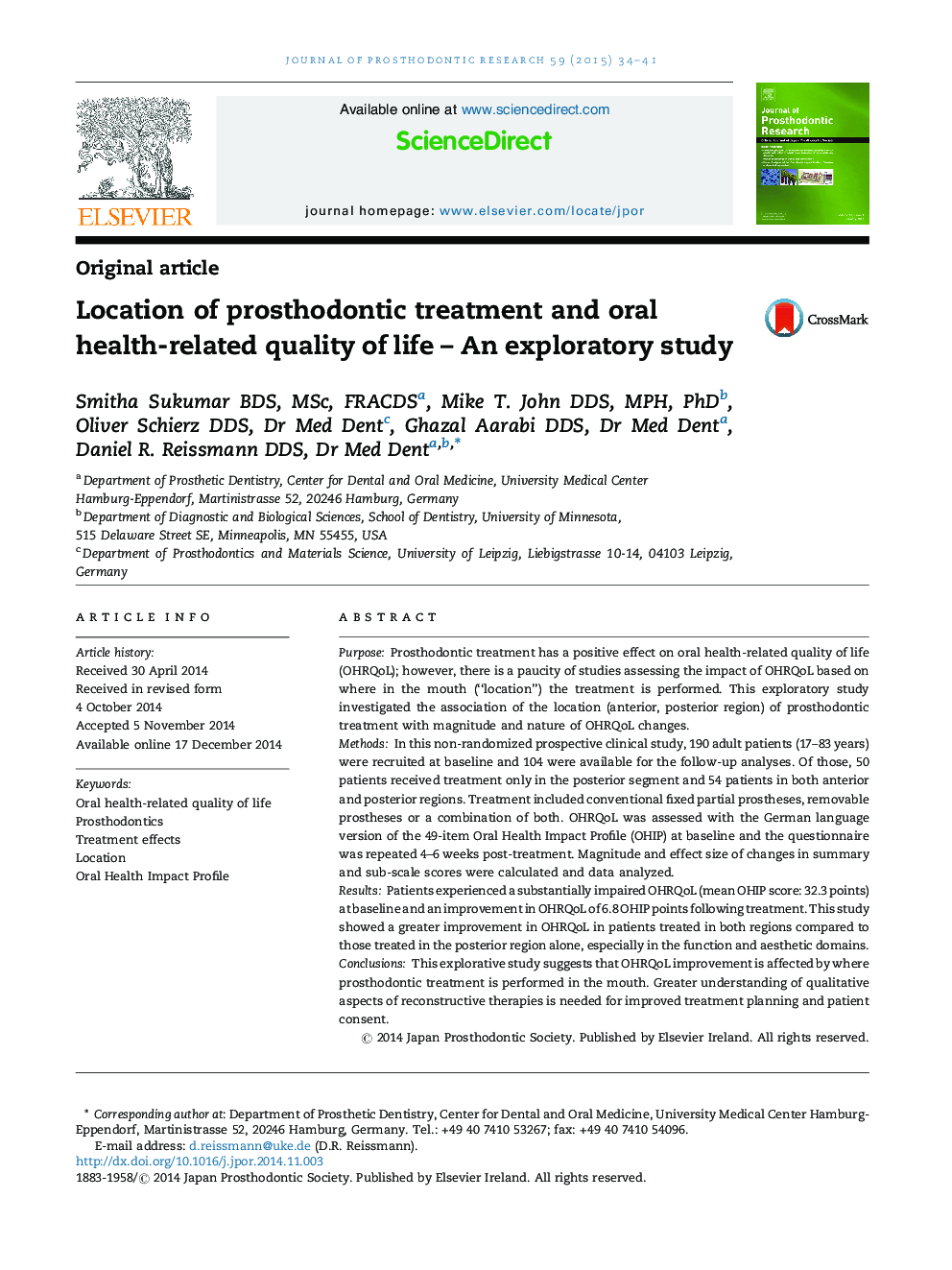 Location of prosthodontic treatment and oral health-related quality of life – An exploratory study