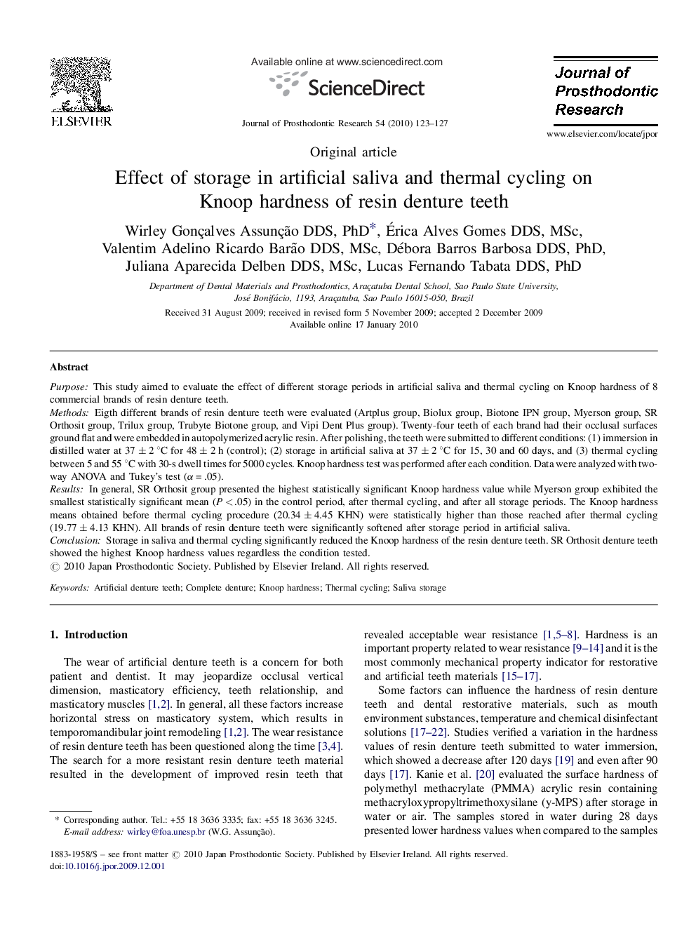 Effect of storage in artificial saliva and thermal cycling on Knoop hardness of resin denture teeth