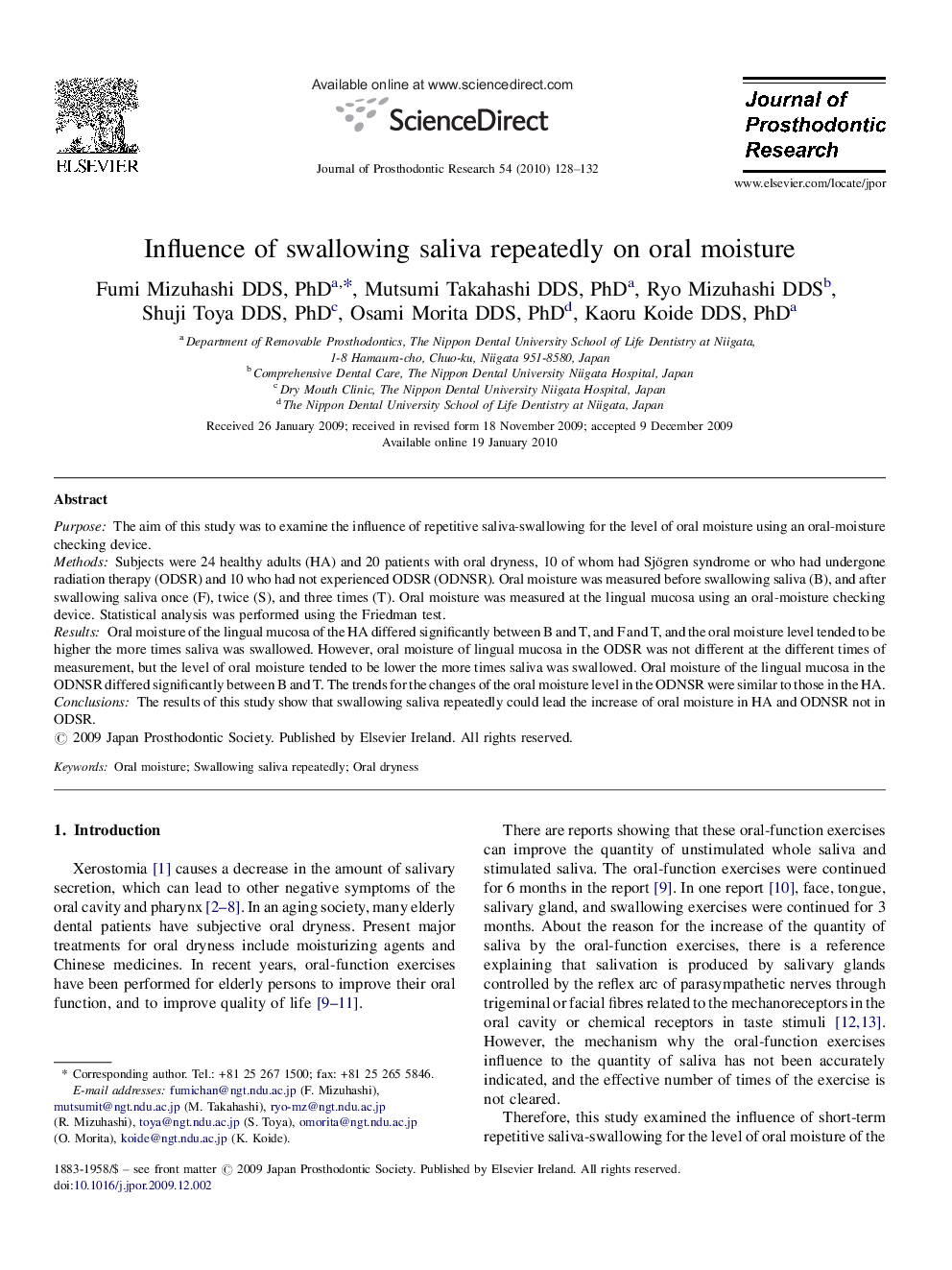 Influence of swallowing saliva repeatedly on oral moisture