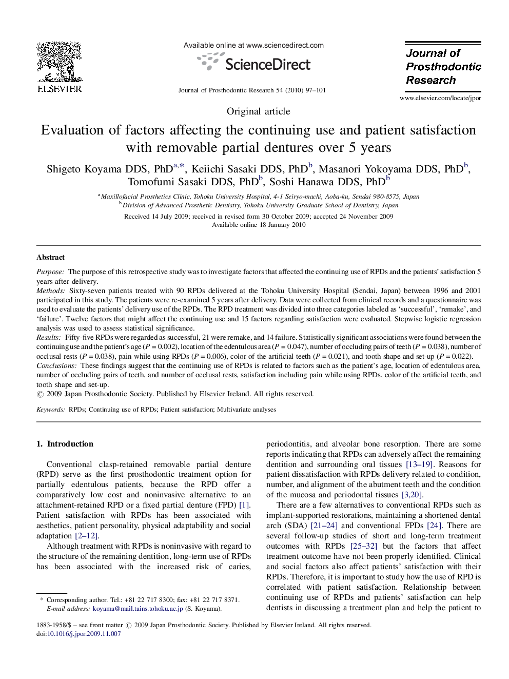 Evaluation of factors affecting the continuing use and patient satisfaction with removable partial dentures over 5 years