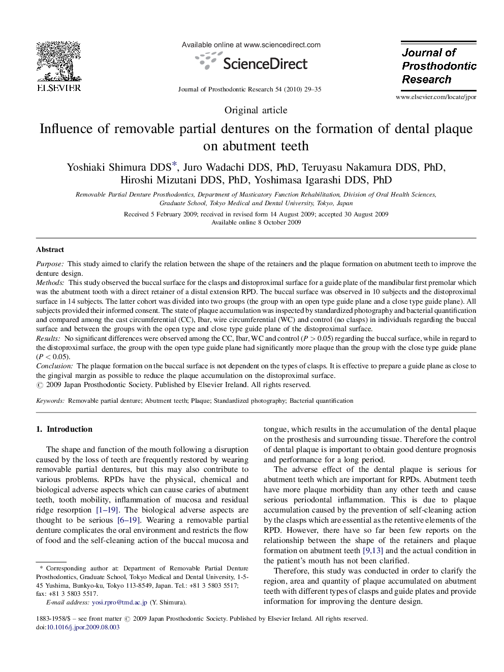 Influence of removable partial dentures on the formation of dental plaque on abutment teeth