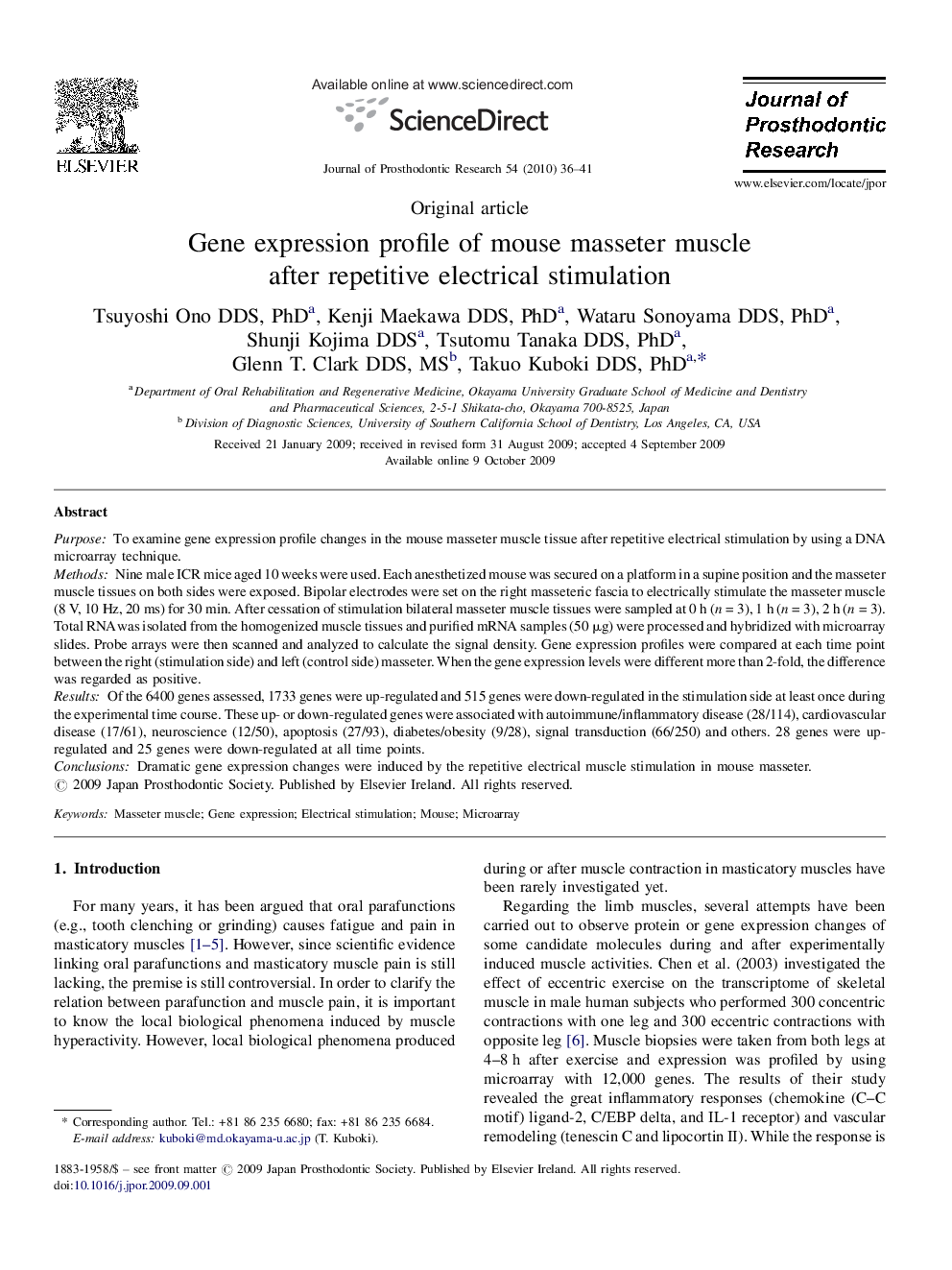 Gene expression profile of mouse masseter muscle after repetitive electrical stimulation