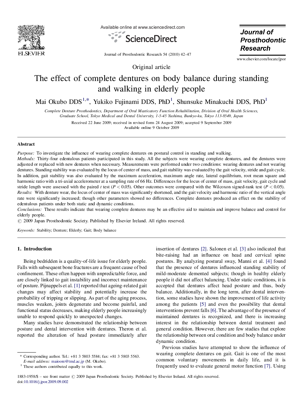 The effect of complete dentures on body balance during standing and walking in elderly people