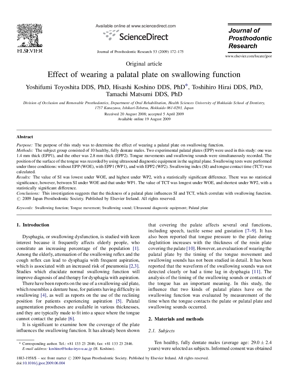 Effect of wearing a palatal plate on swallowing function