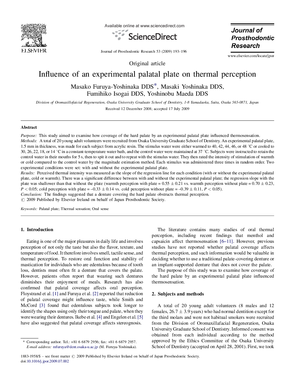 Influence of an experimental palatal plate on thermal perception