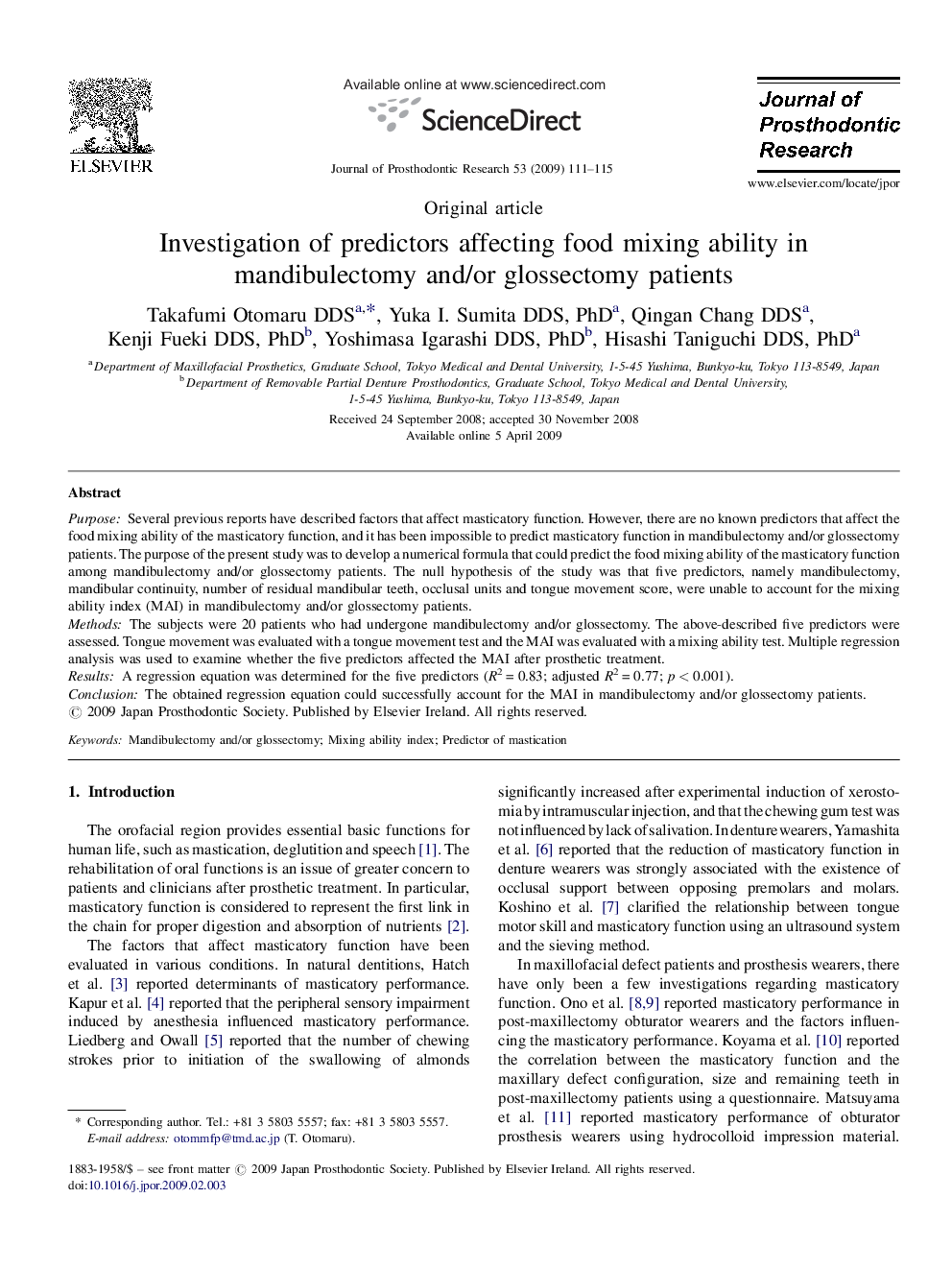 Investigation of predictors affecting food mixing ability in mandibulectomy and/or glossectomy patients