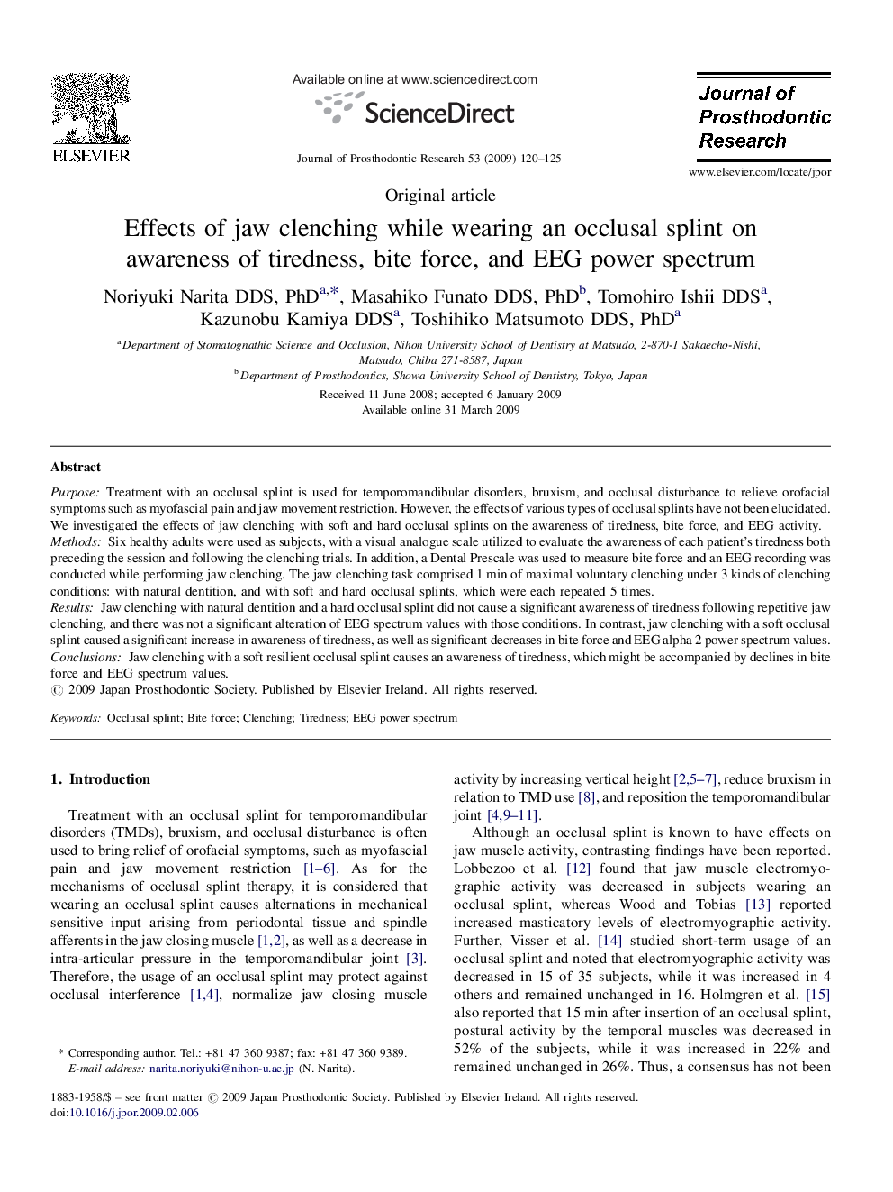 Effects of jaw clenching while wearing an occlusal splint on awareness of tiredness, bite force, and EEG power spectrum