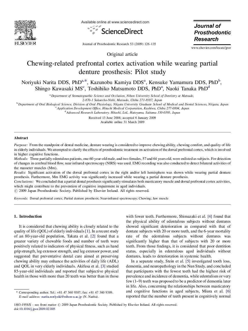 Chewing-related prefrontal cortex activation while wearing partial denture prosthesis: Pilot study