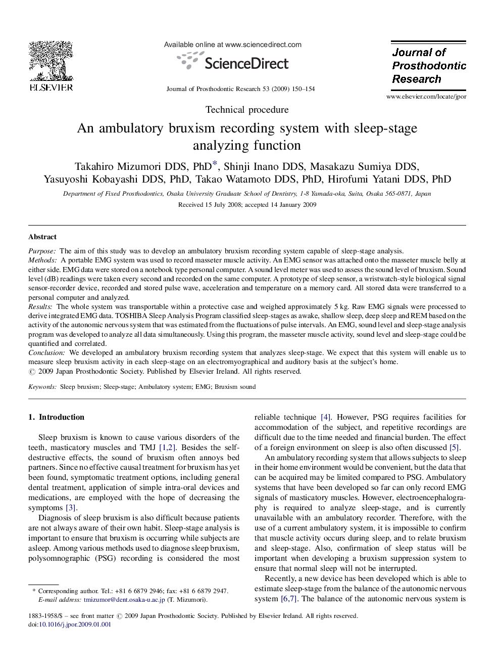 An ambulatory bruxism recording system with sleep-stage analyzing function