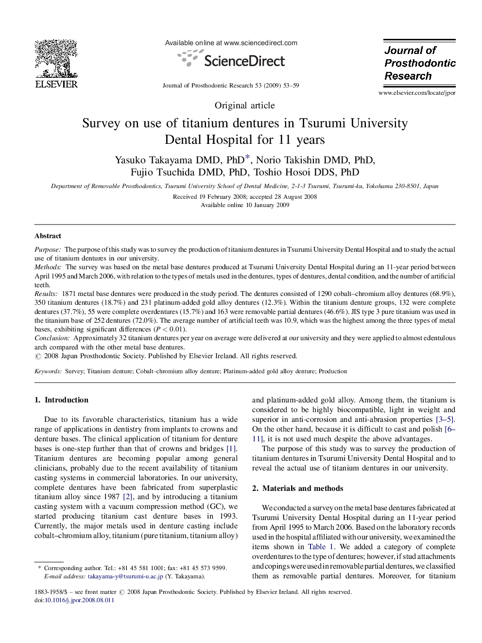 Survey on use of titanium dentures in Tsurumi University Dental Hospital for 11 years