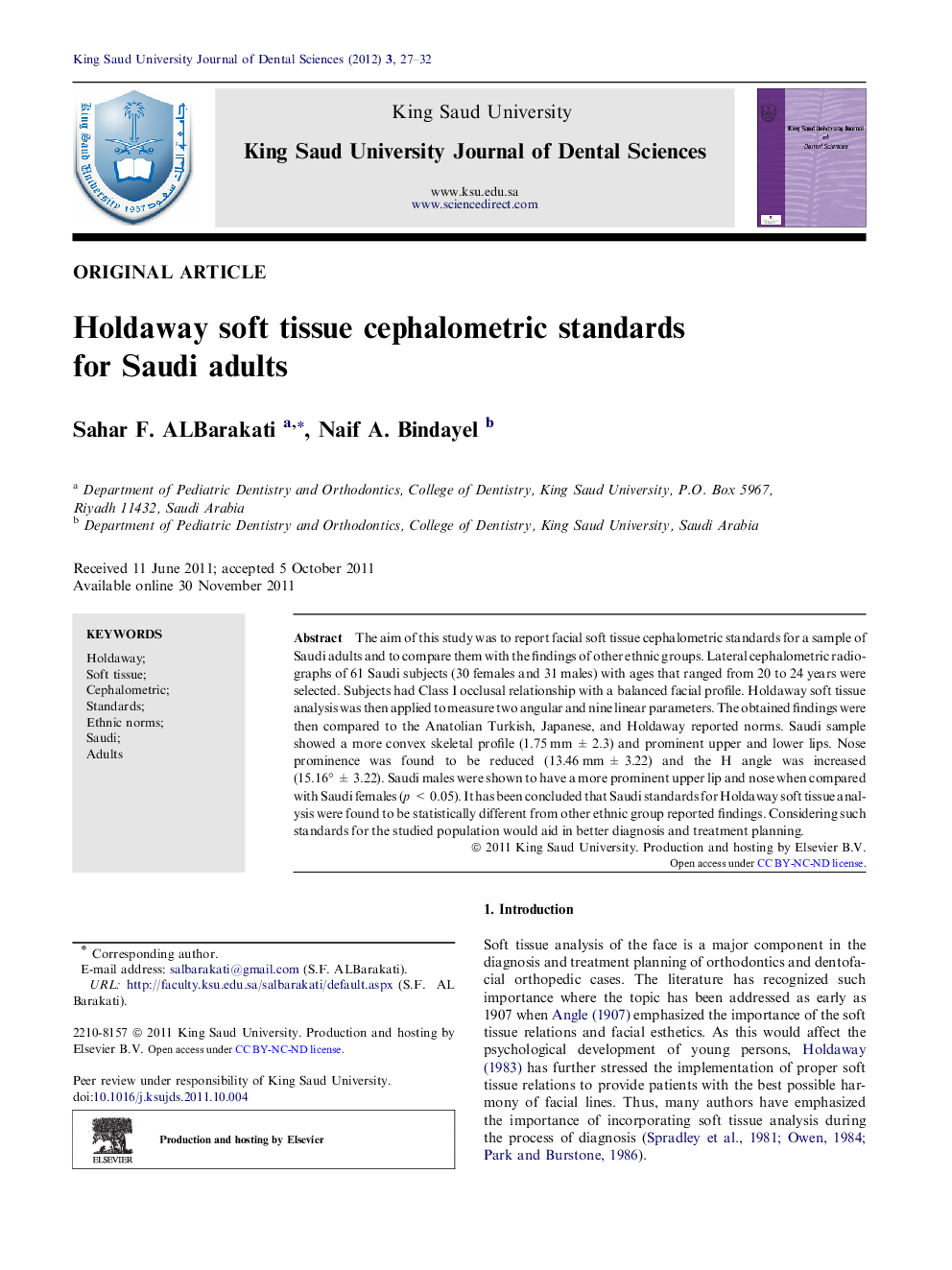 Holdaway soft tissue cephalometric standards for Saudi adults