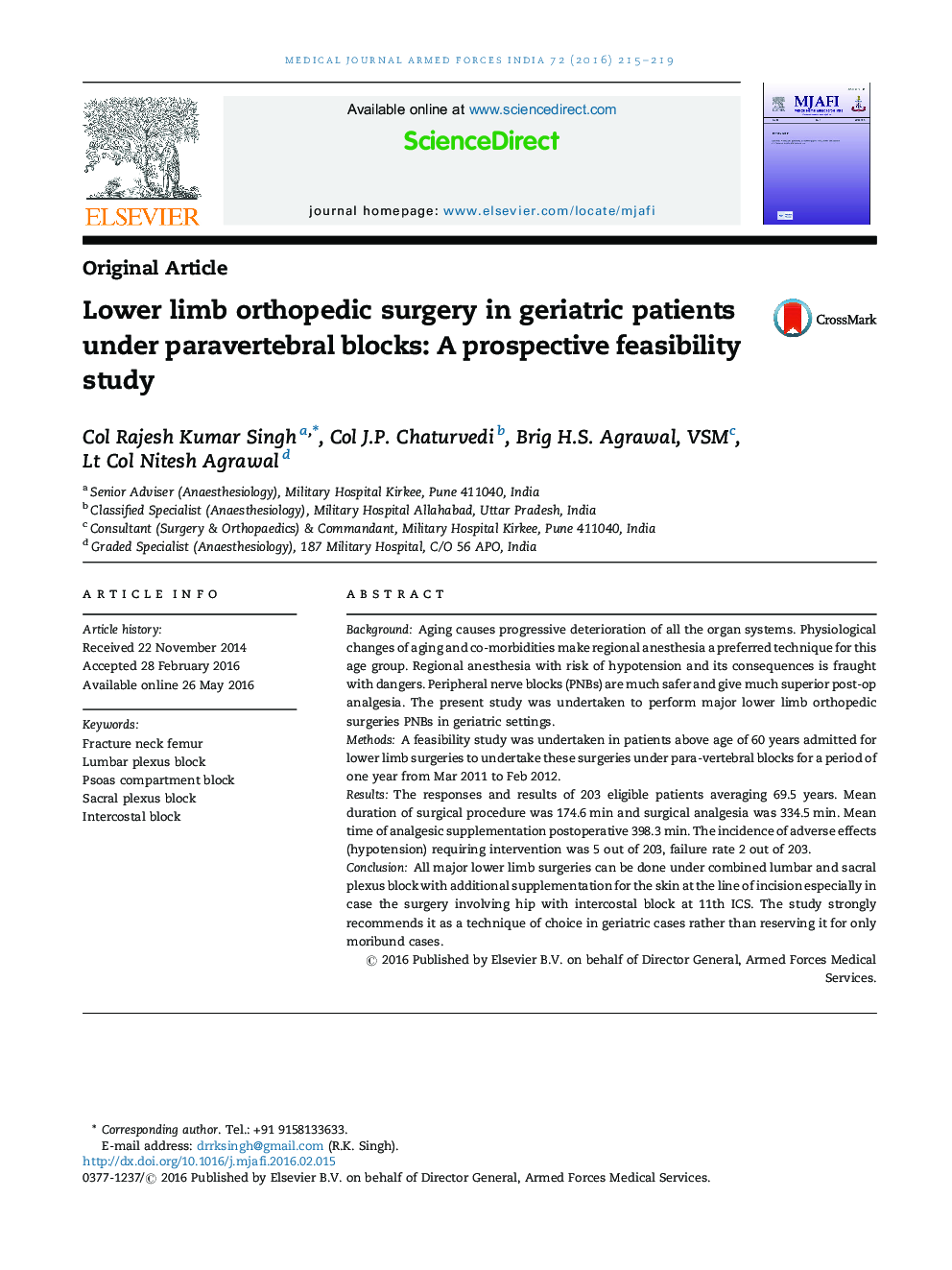 Lower limb orthopedic surgery in geriatric patients under paravertebral blocks: A prospective feasibility study