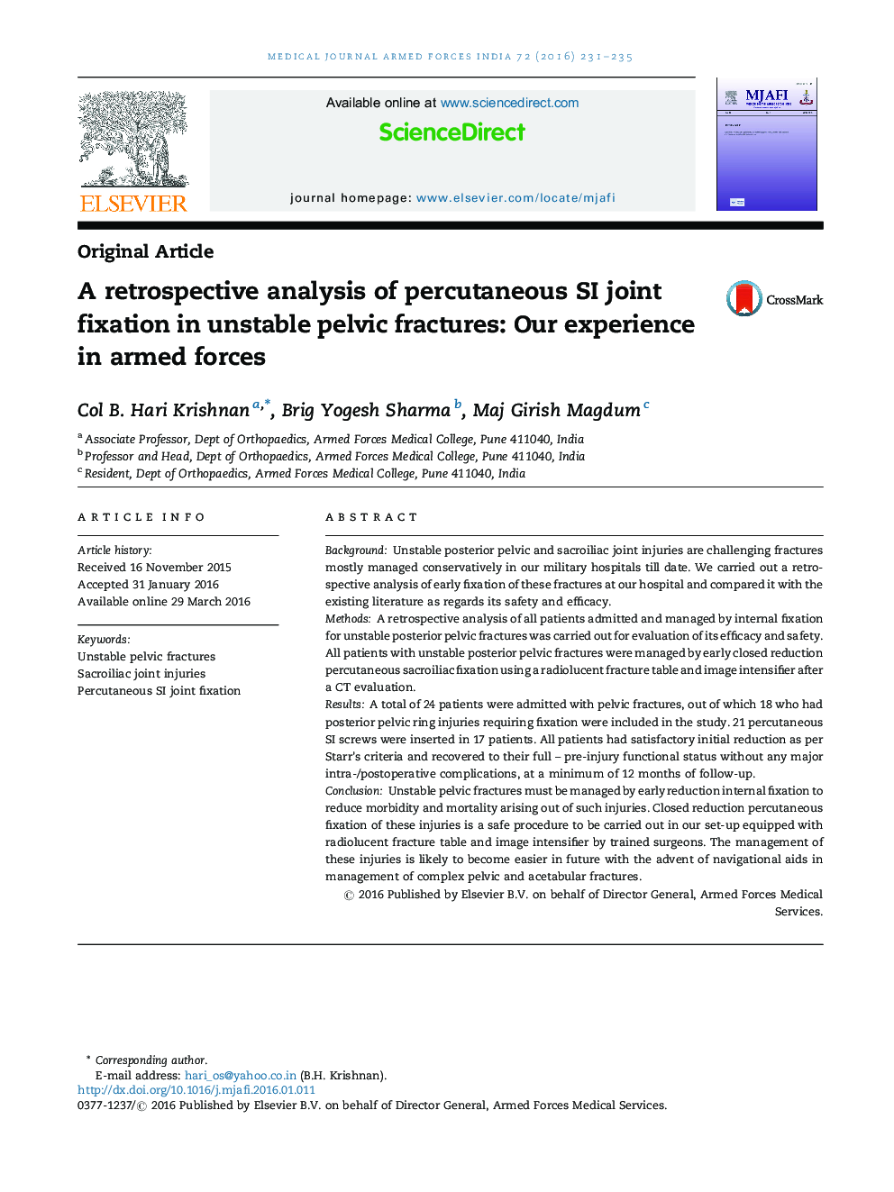 A retrospective analysis of percutaneous SI joint fixation in unstable pelvic fractures: Our experience in armed forces